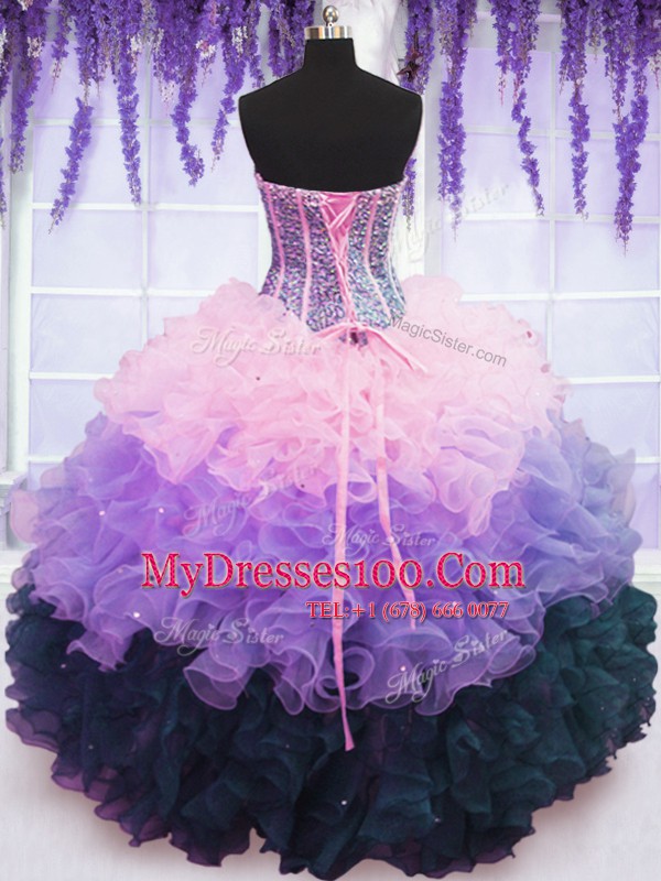 High End Sleeveless Lace Up Floor Length Beading and Ruffles and Ruffled Layers Vestidos de Quinceanera