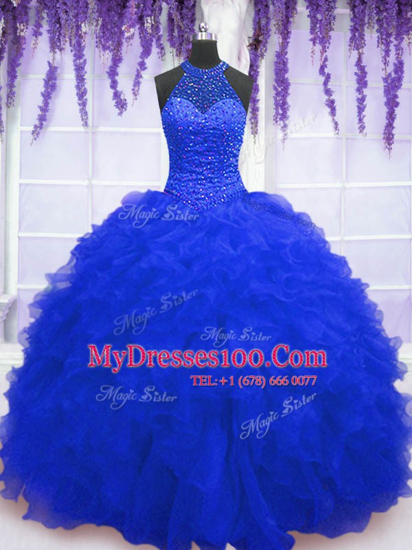 Royal Blue Sleeveless Floor Length Beading and Ruffles and Sequins Lace Up 15th Birthday Dress
