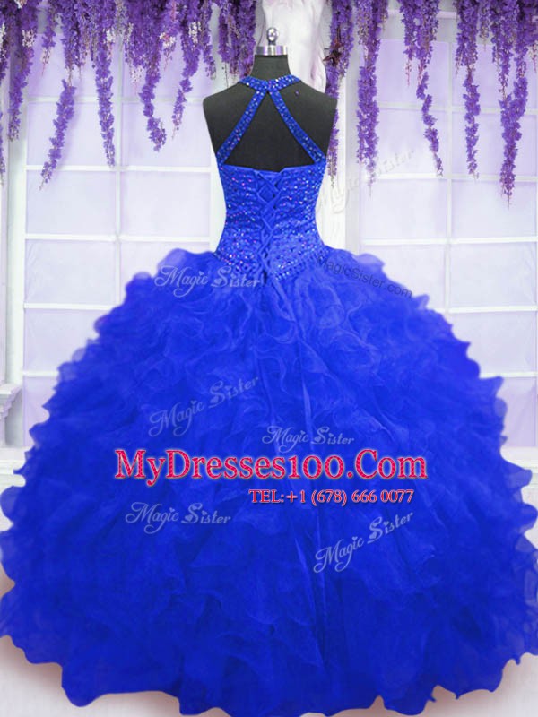 Royal Blue Sleeveless Floor Length Beading and Ruffles and Sequins Lace Up 15th Birthday Dress