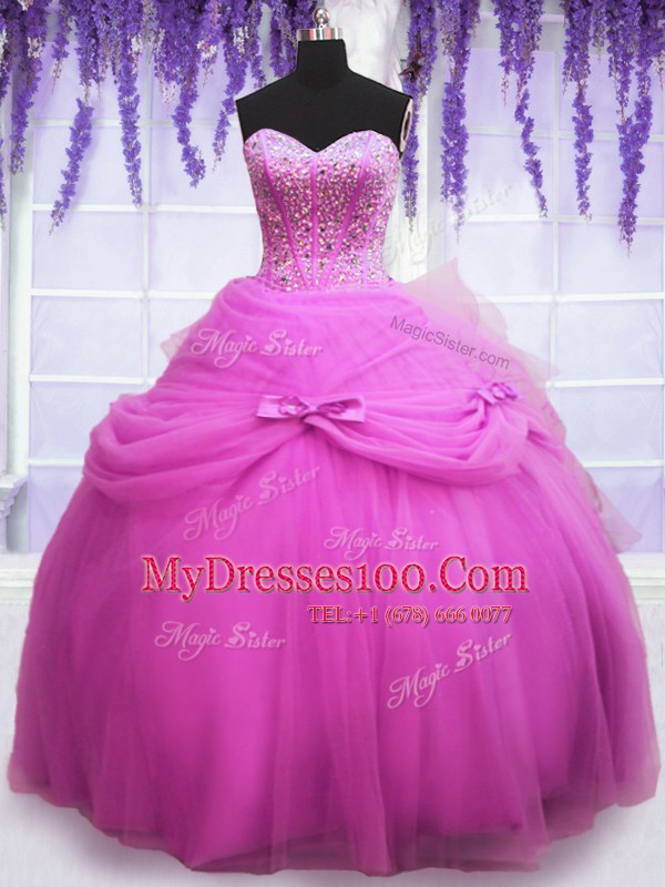 Floor Length Lilac 15th Birthday Dress Tulle Sleeveless Beading and Sequins and Bowknot
