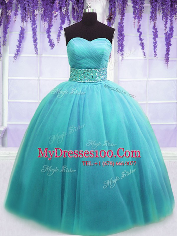 Latest Sweetheart Sleeveless Lace Up 15th Birthday Dress Blue Tulle