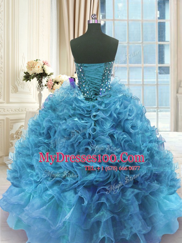 Simple Ball Gowns Ball Gown Prom Dress Blue Sweetheart Organza Sleeveless Floor Length Lace Up