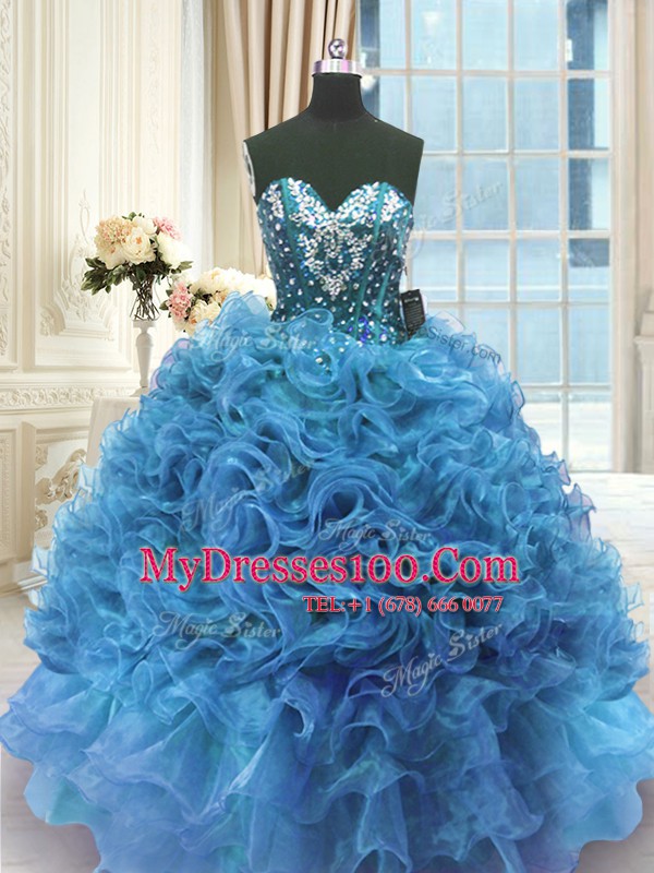Simple Ball Gowns Ball Gown Prom Dress Blue Sweetheart Organza Sleeveless Floor Length Lace Up