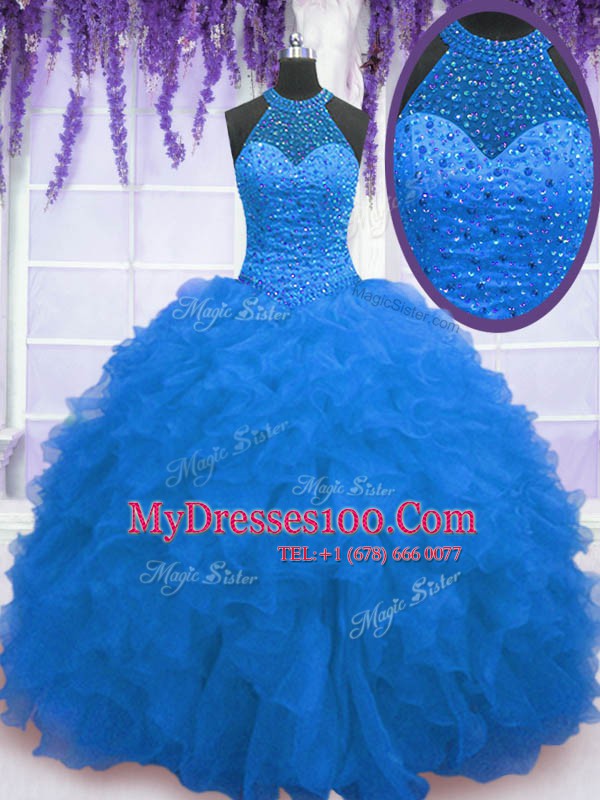 Fantastic Sleeveless Organza Floor Length Zipper Vestidos de Quinceanera in Blue with Beading and Ruffles