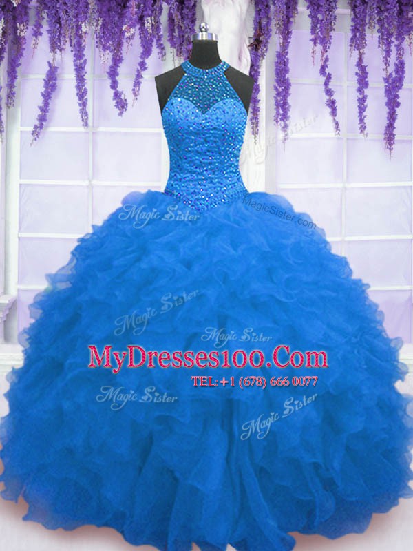Fantastic Sleeveless Organza Floor Length Zipper Vestidos de Quinceanera in Blue with Beading and Ruffles