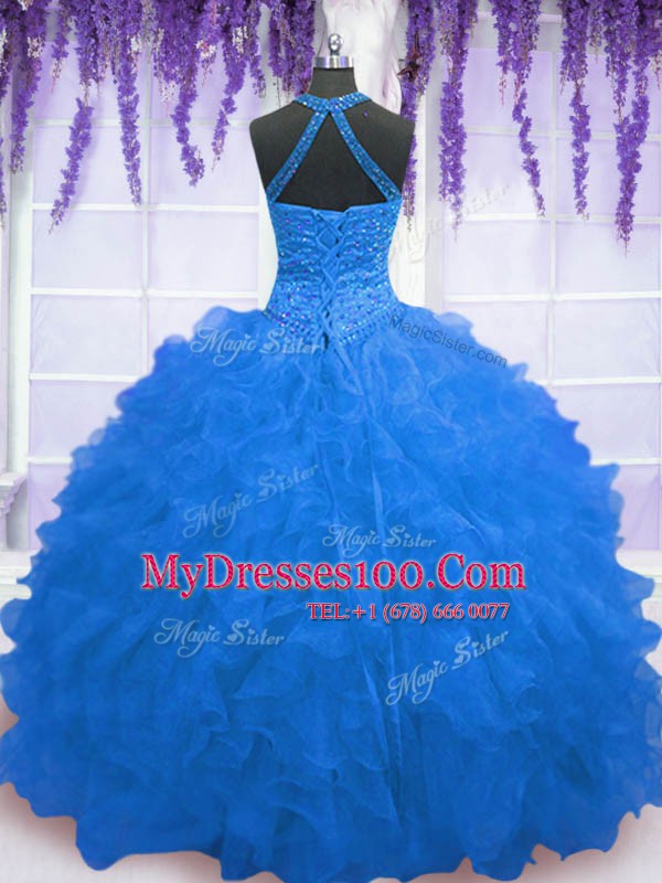 Fantastic Sleeveless Organza Floor Length Zipper Vestidos de Quinceanera in Blue with Beading and Ruffles