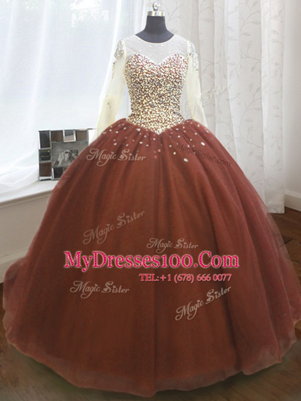 Scoop Long Sleeves Lace Up Quinceanera Dress Burgundy for Military Ball and Sweet 16 and Quinceanera with Beading and Sequins Sweep Train