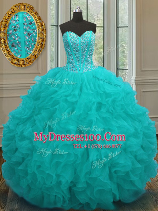 Aqua Blue Ball Gowns Sweetheart Sleeveless Organza Floor Length Lace Up Beading and Ruffles Quinceanera Dresses
