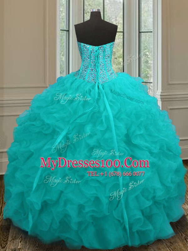 Aqua Blue Ball Gowns Sweetheart Sleeveless Organza Floor Length Lace Up Beading and Ruffles Quinceanera Dresses
