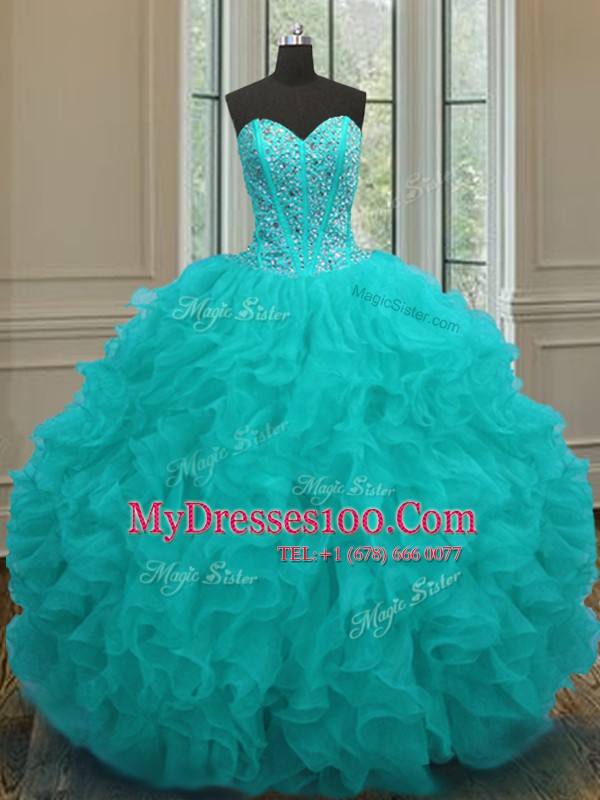 Aqua Blue Ball Gowns Sweetheart Sleeveless Organza Floor Length Lace Up Beading and Ruffles Quinceanera Dresses