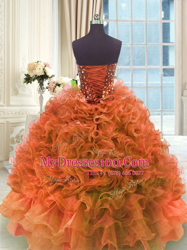 Orange Sweetheart Lace Up Ruffles Sweet 16 Dress Sleeveless