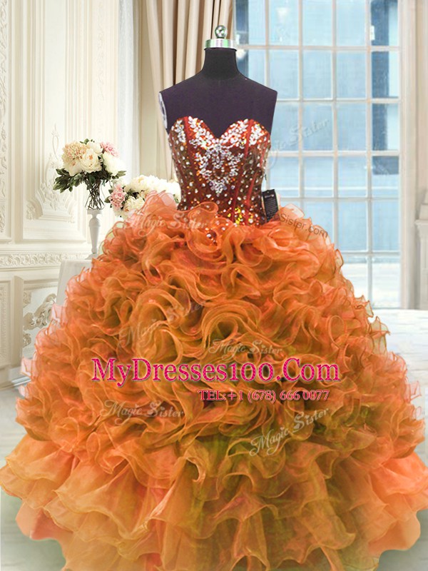 Orange Sweetheart Lace Up Ruffles Sweet 16 Dress Sleeveless