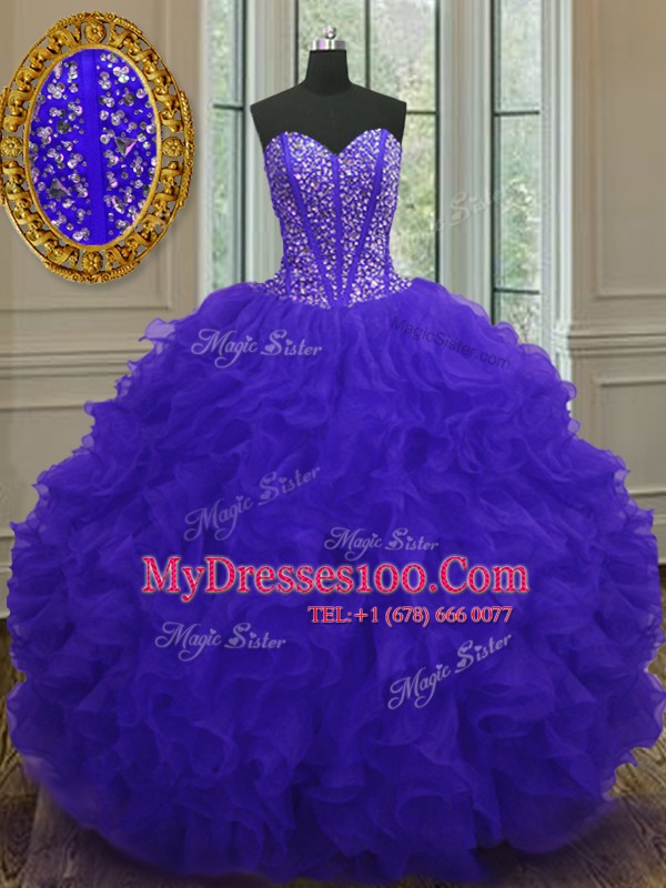 Flirting Blue Ball Gowns Organza Sweetheart Sleeveless Beading and Ruffles Floor Length Zipper Vestidos de Quinceanera