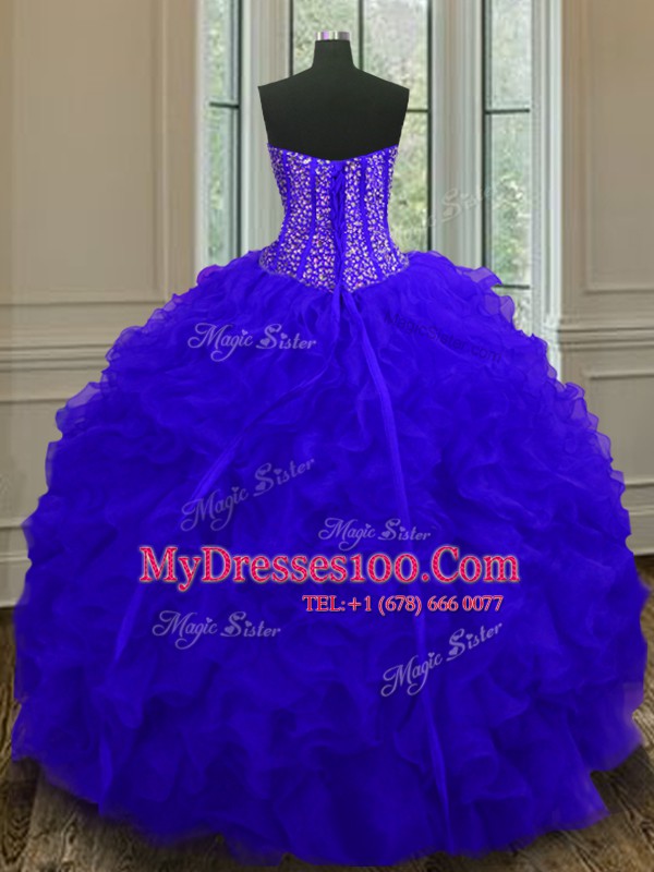 Flirting Blue Ball Gowns Organza Sweetheart Sleeveless Beading and Ruffles Floor Length Zipper Vestidos de Quinceanera