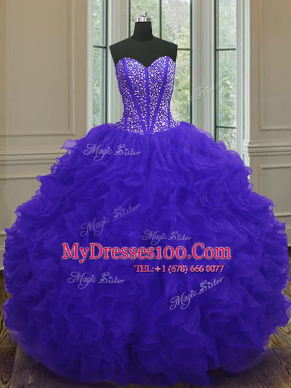 Flirting Blue Ball Gowns Organza Sweetheart Sleeveless Beading and Ruffles Floor Length Zipper Vestidos de Quinceanera