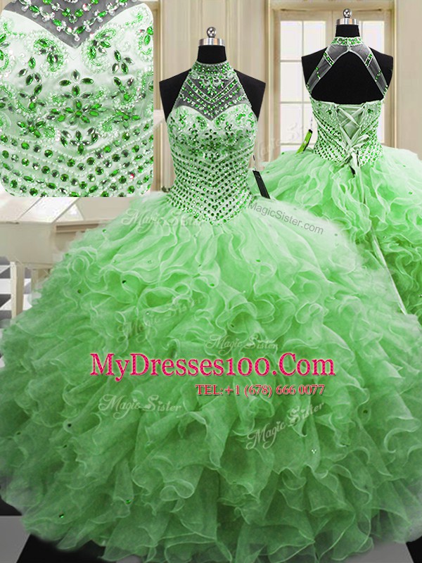 Ball Gowns Halter Top Sleeveless Tulle Floor Length Lace Up Beading and Ruffles Quince Ball Gowns
