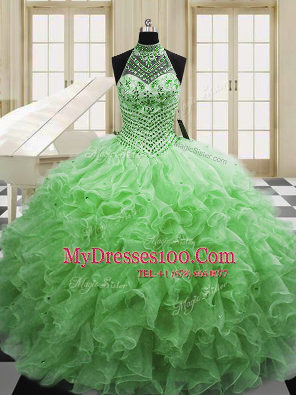 Ball Gowns Halter Top Sleeveless Tulle Floor Length Lace Up Beading and Ruffles Quince Ball Gowns