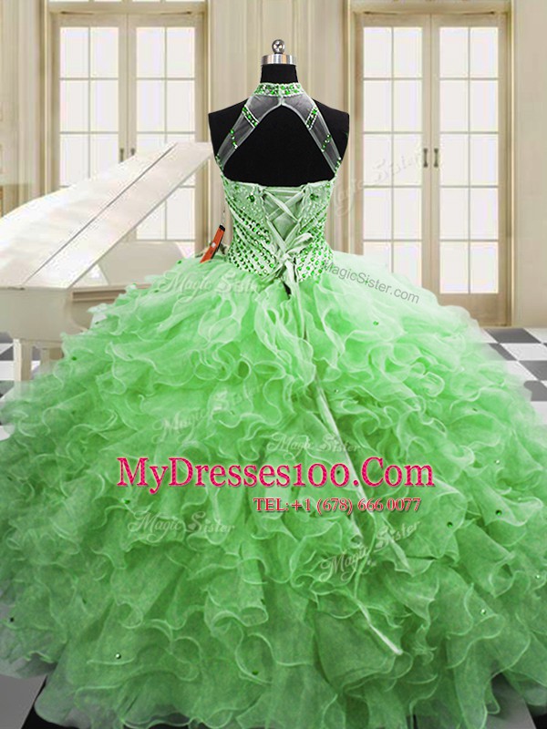 Ball Gowns Halter Top Sleeveless Tulle Floor Length Lace Up Beading and Ruffles Quince Ball Gowns