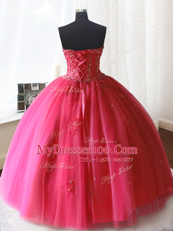 Flare Ball Gowns Ball Gown Prom Dress Hot Pink Strapless Tulle Sleeveless Floor Length Lace Up
