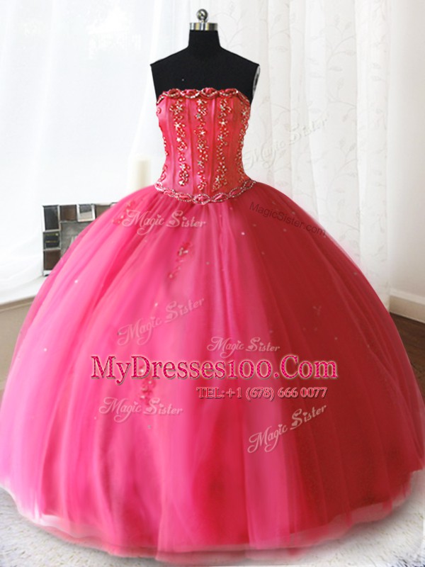 Flare Ball Gowns Ball Gown Prom Dress Hot Pink Strapless Tulle Sleeveless Floor Length Lace Up