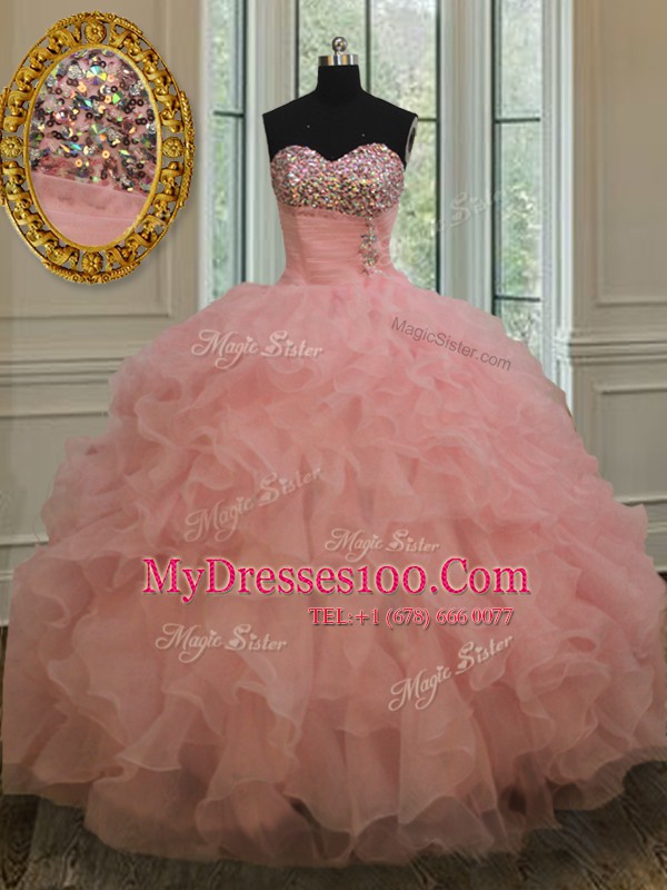 Sophisticated Watermelon Red Sweetheart Neckline Beading and Ruffles Sweet 16 Quinceanera Dress Sleeveless Lace Up
