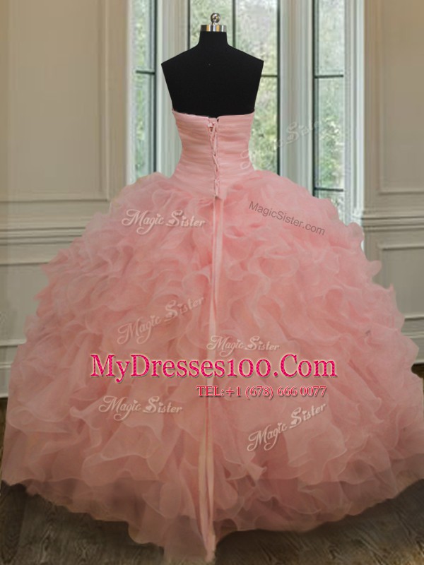 Sophisticated Watermelon Red Sweetheart Neckline Beading and Ruffles Sweet 16 Quinceanera Dress Sleeveless Lace Up