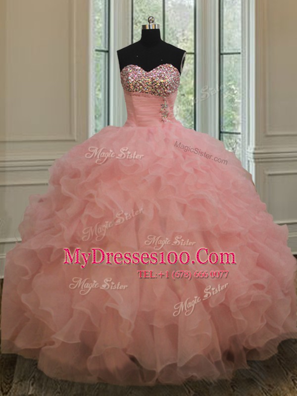 Sophisticated Watermelon Red Sweetheart Neckline Beading and Ruffles Sweet 16 Quinceanera Dress Sleeveless Lace Up