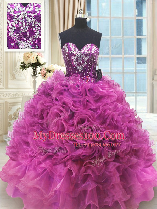 Custom Designed Beading and Ruffles Quinceanera Dresses Fuchsia Lace Up Sleeveless Floor Length