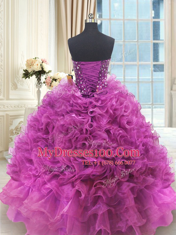 Custom Designed Beading and Ruffles Quinceanera Dresses Fuchsia Lace Up Sleeveless Floor Length