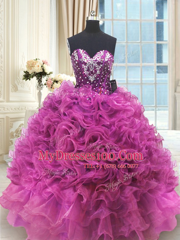 Custom Designed Beading and Ruffles Quinceanera Dresses Fuchsia Lace Up Sleeveless Floor Length