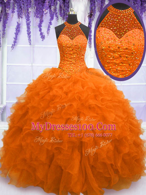 Floor Length Ball Gowns Sleeveless Orange Red 15th Birthday Dress Lace Up