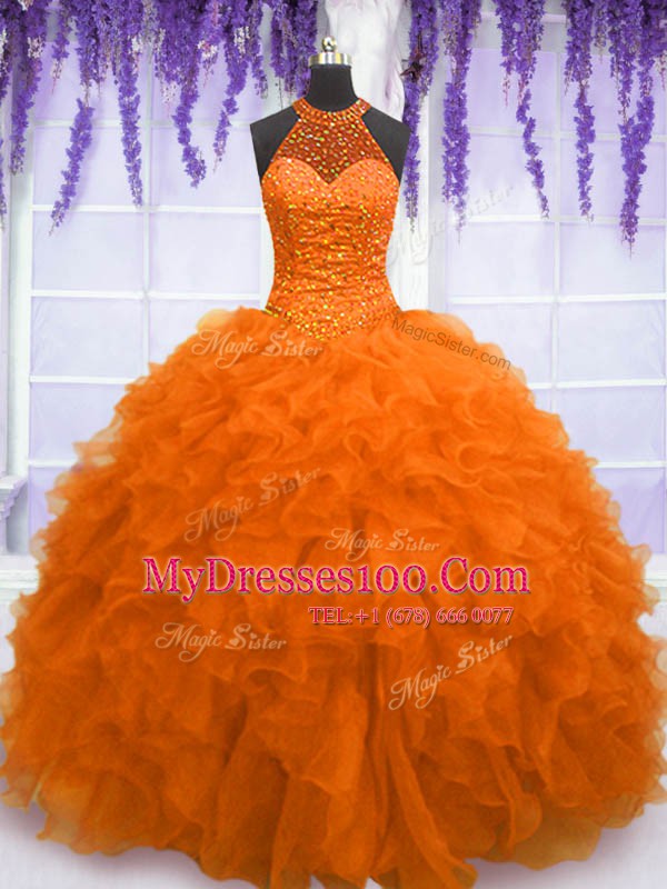 Floor Length Ball Gowns Sleeveless Orange Red 15th Birthday Dress Lace Up
