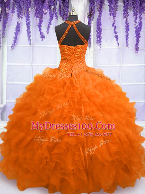 Floor Length Ball Gowns Sleeveless Orange Red 15th Birthday Dress Lace Up