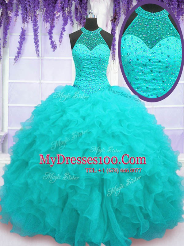 Comfortable Aqua Blue Ball Gowns Beading and Ruffles Sweet 16 Dresses Lace Up Organza Sleeveless Floor Length