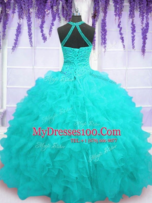 Comfortable Aqua Blue Ball Gowns Beading and Ruffles Sweet 16 Dresses Lace Up Organza Sleeveless Floor Length