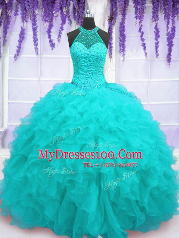 Comfortable Aqua Blue Ball Gowns Beading and Ruffles Sweet 16 Dresses Lace Up Organza Sleeveless Floor Length