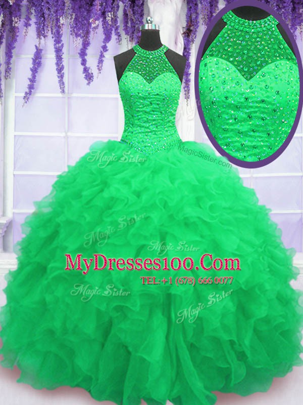 Ball Gowns Organza High-neck Sleeveless Beading and Ruffles Floor Length Lace Up Vestidos de Quinceanera