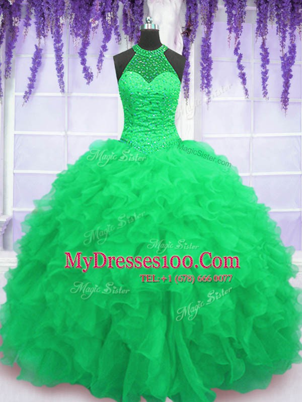 Ball Gowns Organza High-neck Sleeveless Beading and Ruffles Floor Length Lace Up Vestidos de Quinceanera