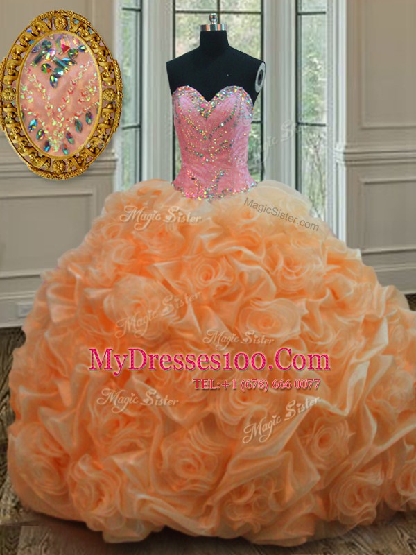 Orange Ball Gowns Sweetheart Sleeveless Organza Floor Length Lace Up Beading Quinceanera Gowns