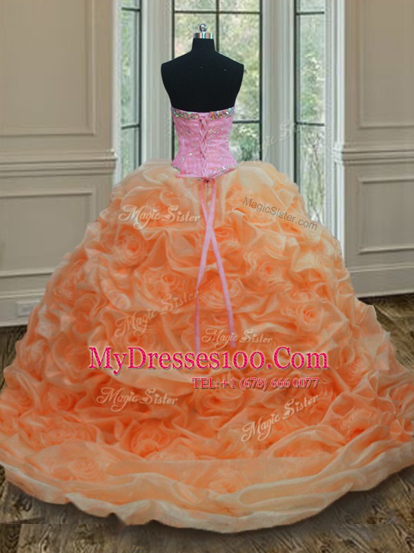 Orange Ball Gowns Sweetheart Sleeveless Organza Floor Length Lace Up Beading Quinceanera Gowns