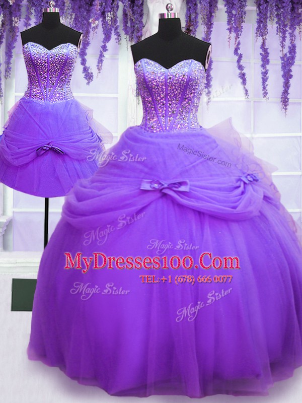 Fitting Three Piece Purple Sweet 16 Dresses Military Ball and Sweet 16 and Quinceanera and For with Beading and Bowknot Sweetheart Sleeveless Lace Up