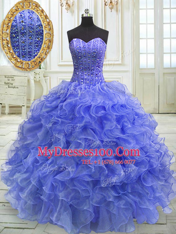 Glittering Sweetheart Sleeveless Quinceanera Gown Floor Length Beading and Ruffles Blue Organza