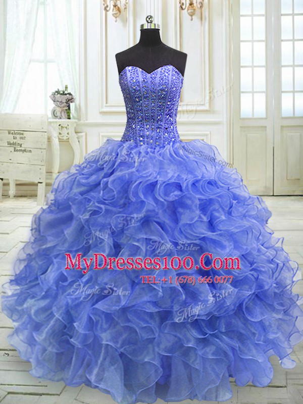 Glittering Sweetheart Sleeveless Quinceanera Gown Floor Length Beading and Ruffles Blue Organza