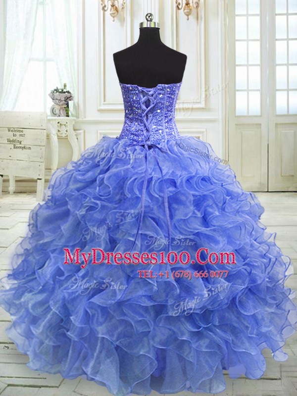 Glittering Sweetheart Sleeveless Quinceanera Gown Floor Length Beading and Ruffles Blue Organza