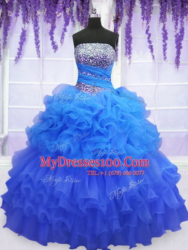 Fashionable Sleeveless Organza Floor Length Lace Up Quince Ball Gowns in Blue with Beading and Ruffled Layers and Pick Ups