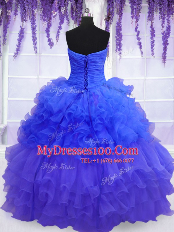 Fashionable Sleeveless Organza Floor Length Lace Up Quince Ball Gowns in Blue with Beading and Ruffled Layers and Pick Ups