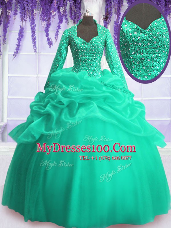 Turquoise Long Sleeves Floor Length Sequins and Pick Ups Zipper Sweet 16 Quinceanera Dress
