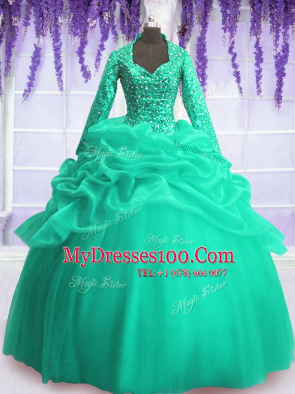 Turquoise Long Sleeves Floor Length Sequins and Pick Ups Zipper Sweet 16 Quinceanera Dress