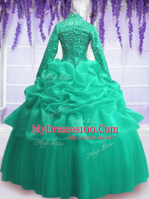 Turquoise Long Sleeves Floor Length Sequins and Pick Ups Zipper Sweet 16 Quinceanera Dress