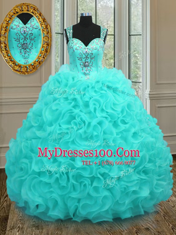 Pretty Straps Aqua Blue Organza Zipper Vestidos de Quinceanera Sleeveless Floor Length Beading and Ruffles